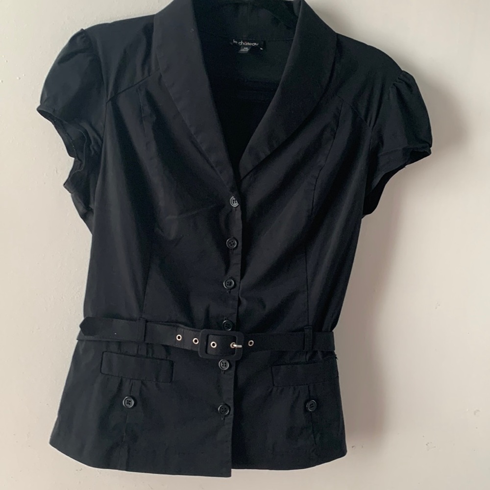 le chateau Black Short Sleeve Button-Up Blouse with Belt